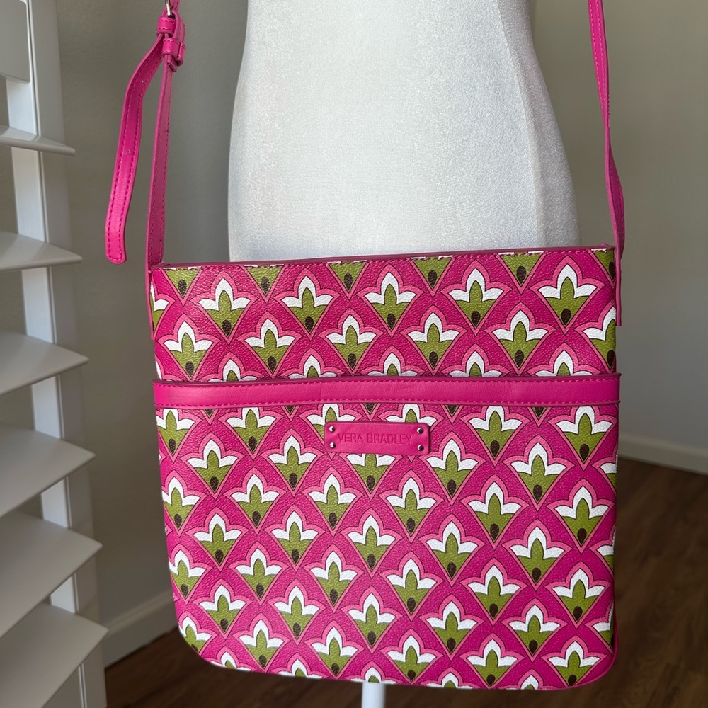 Vera Bradley Slim Leather Pink and Green Patterned Crossbody Bag